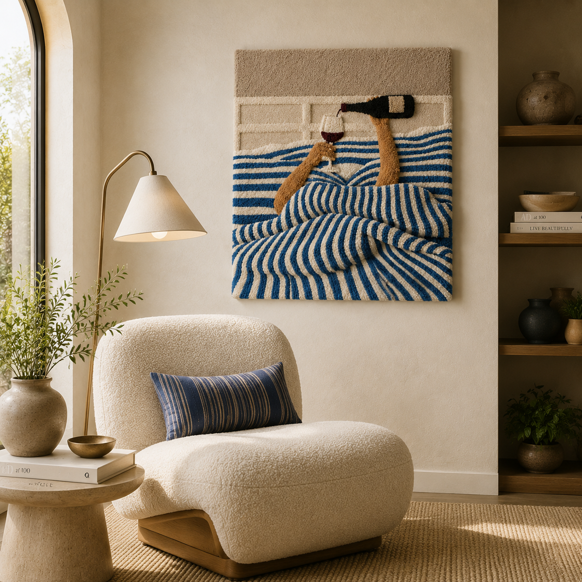 Blue Stripe Morning wall art by Hewn Earth featuring abstract blue and white stripes on a textured canvas.