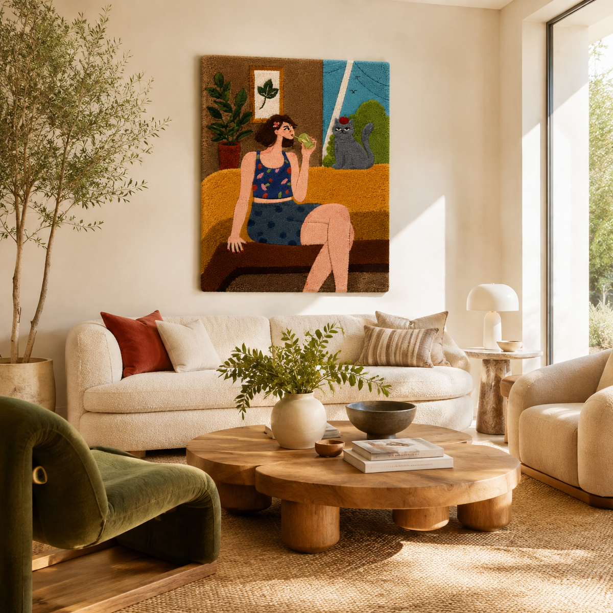 Wall art featuring a window seat with a greyhound, designed by Hewn Earth for cozy, stylish interior decor.