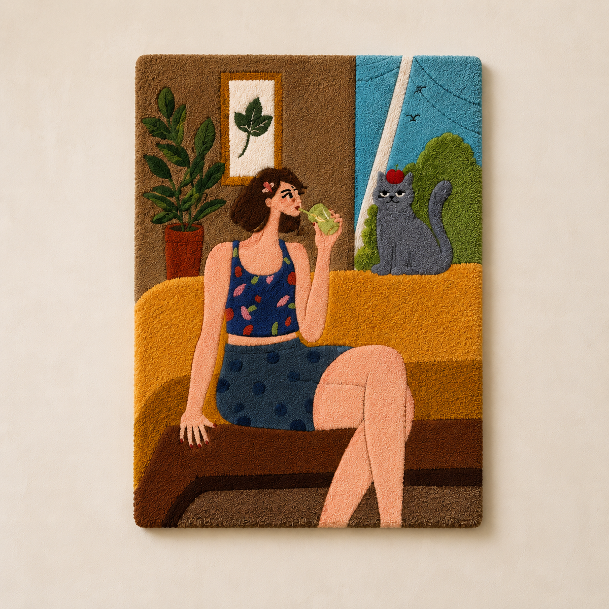 Hewn Earth wall art featuring a greyhound dog sitting on a window seat, depicted in a minimalist, artistic style.