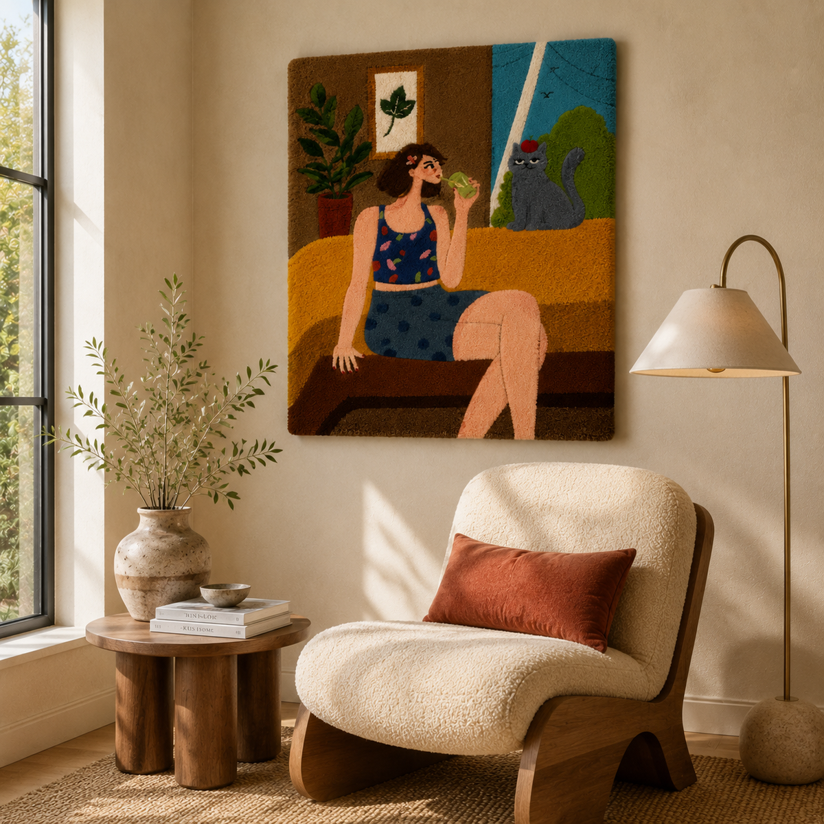 Hewn Earth wall art featuring a window seat with a greyhound dog, displayed in a cozy, artistic interior setting.