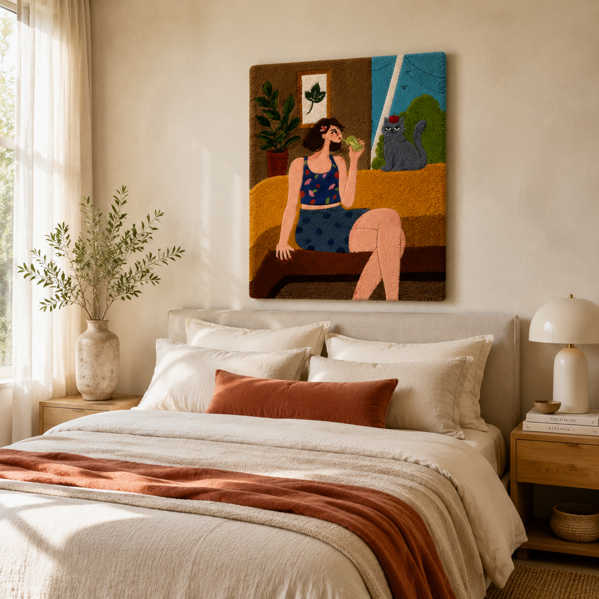 Wall art featuring a window seat with a greyhound dog, created by Hewn Earth, showcasing a cozy, artistic home decor scene.