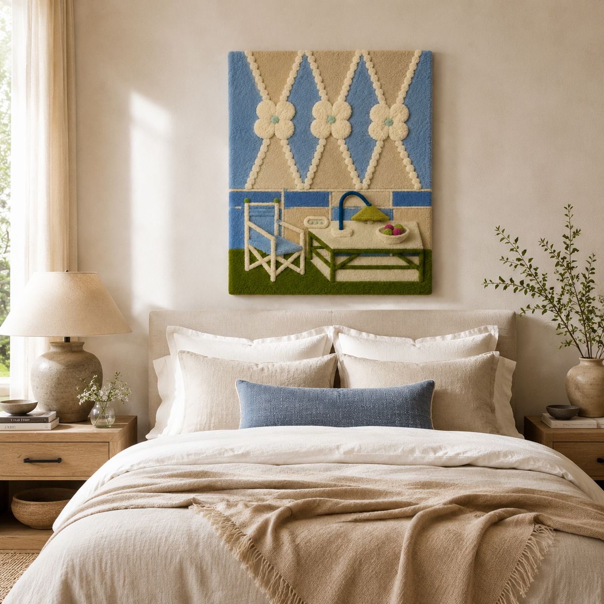 Hewn Earth Poolside Tassels wall art featuring colorful tassel design hanging on a neutral room wall.