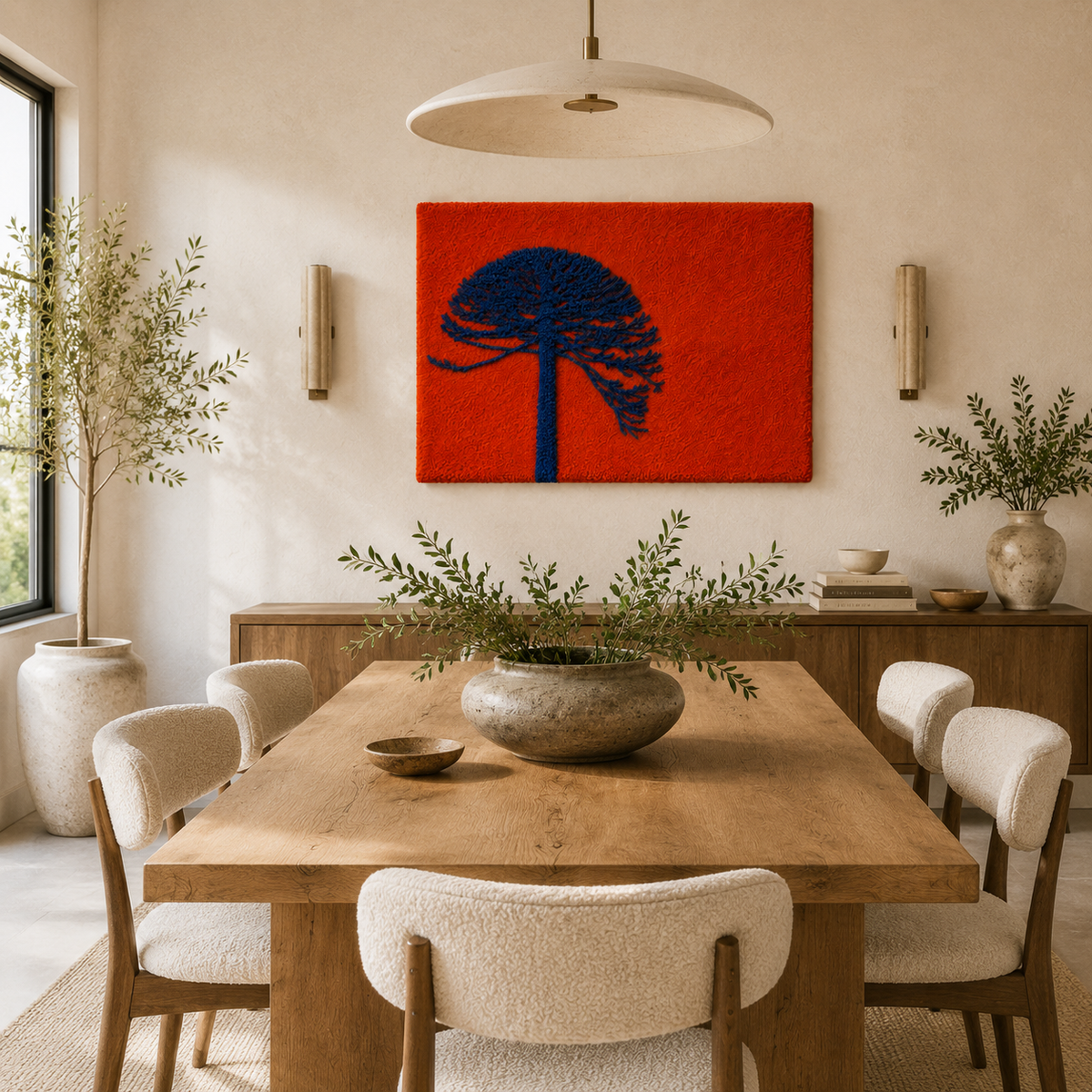 Cobalt Wind Tree wall art by Hewn Earth featuring a detailed, vibrant design of a wind-blown tree on a wall.