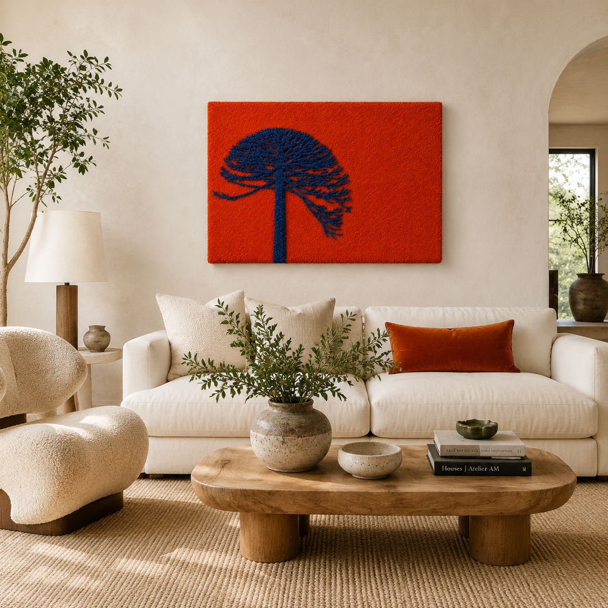 Cobalt wind tree wall art by Hewn Earth featuring a detailed, artistic design of a wind-blown tree in cobalt blue hues.
