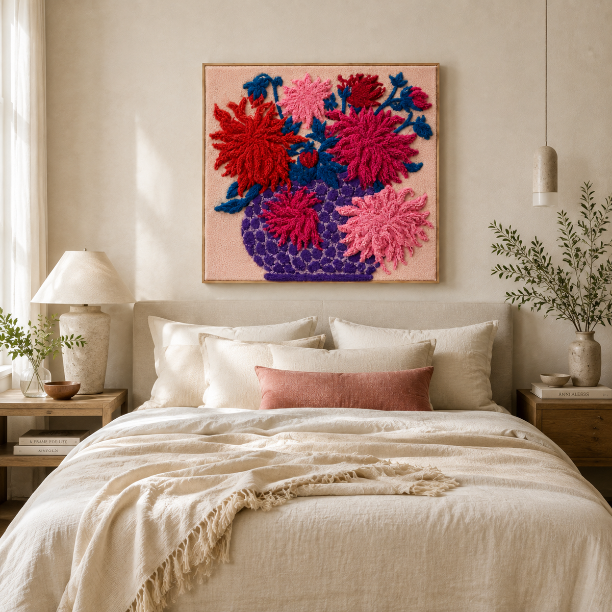 Hewn Earth Crimson Dahlia Burst wall art featuring vibrant red dahlia flower on a neutral background, ideal for home decor.