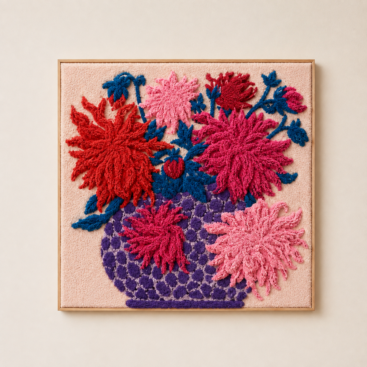 Hewn Earth Crimson Dahlia Burst wall art featuring vibrant red and pink floral design on a textured background.