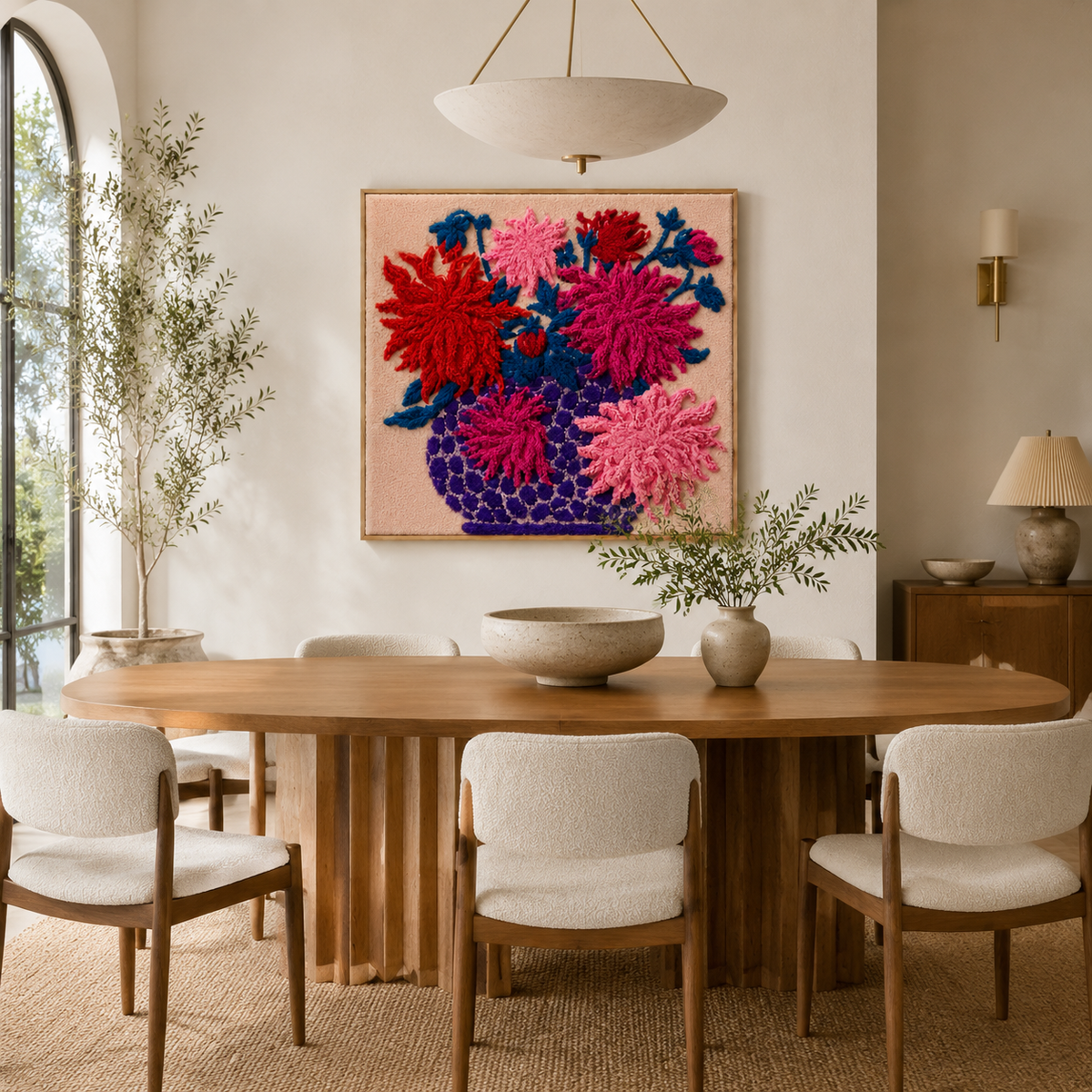Crimson Dahlia Burst wall art by Hewn Earth featuring vibrant red and pink floral design on a textured background.