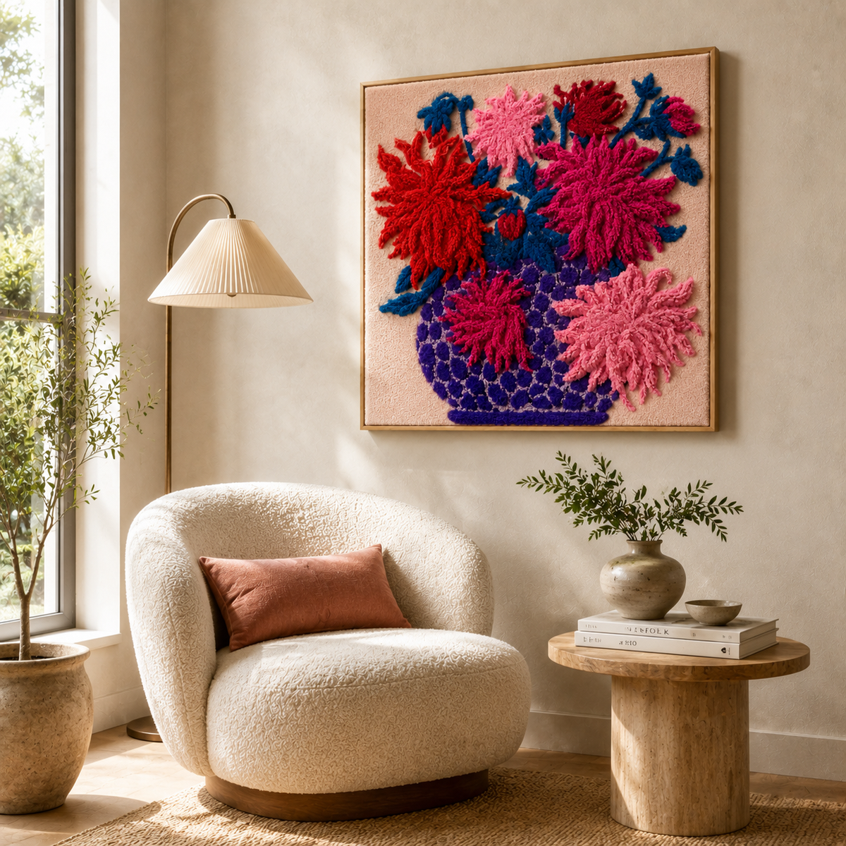 Crimson Dahlia Burst wall art by Hewn Earth featuring vibrant red and pink floral design on a textured background.