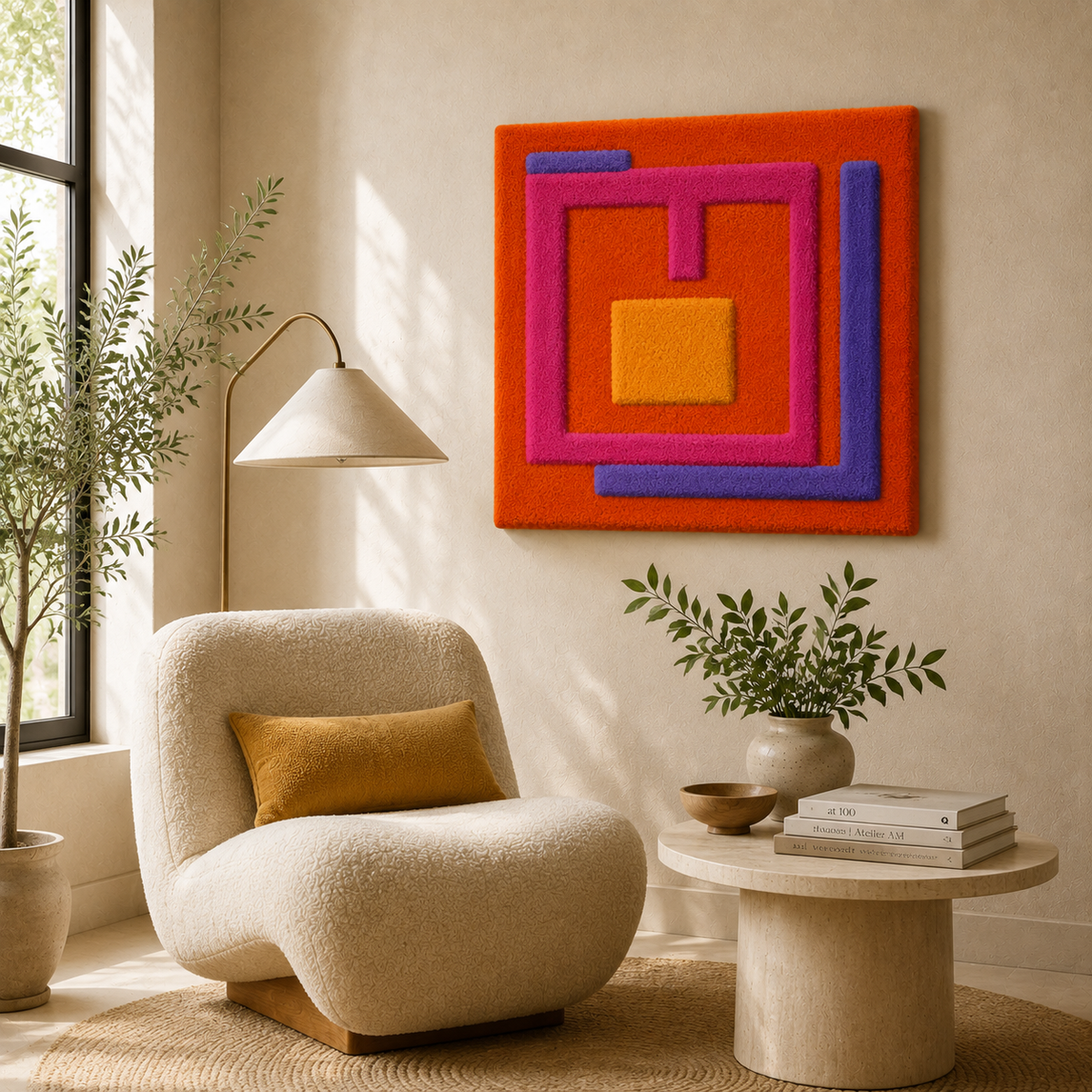 Hewn Earth Sunset Portal wall art featuring a vibrant, abstract sunset scene on a textured canvas.