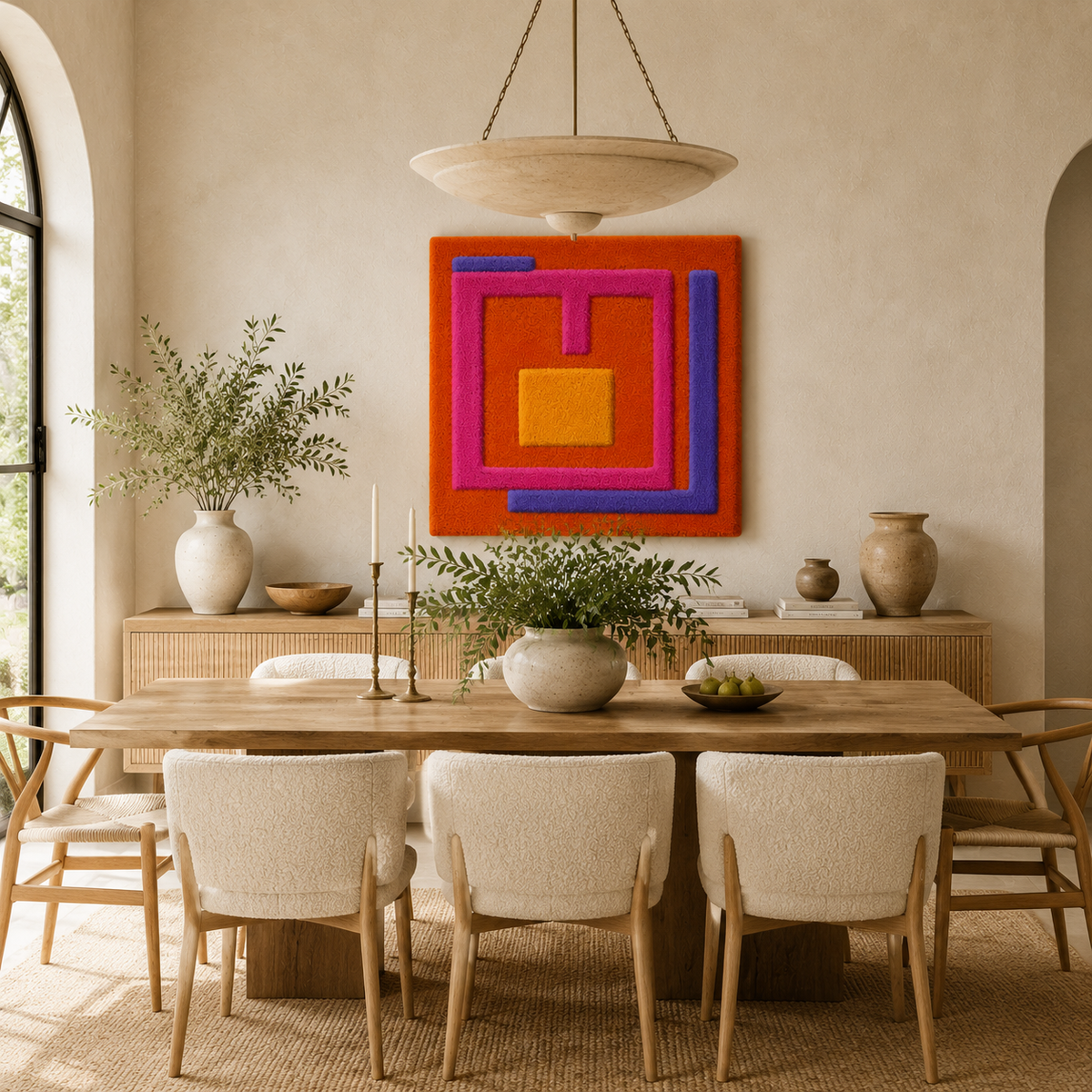 Hewn Earth Sunset Portal wall art featuring vibrant, warm-toned abstract design suitable for modern home decor.