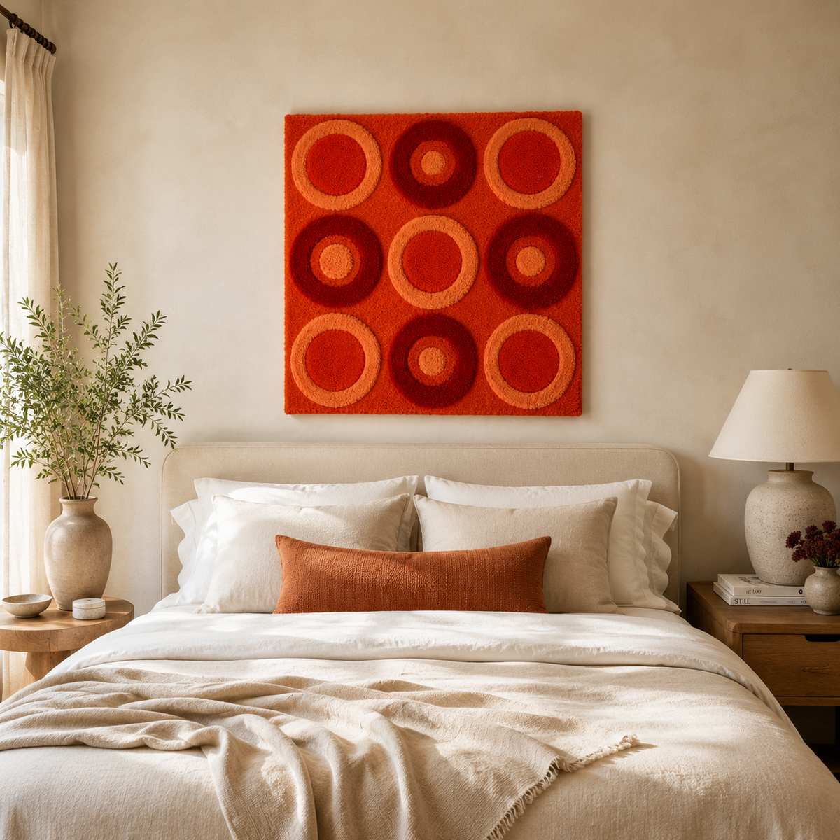 Hewn Earth Scarlet Orbit Grid wall art, modern geometric design, black and red colors displayed on a wall.