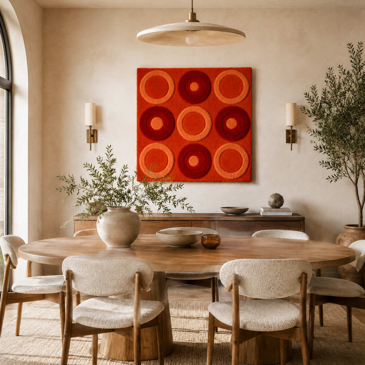 Hewn Earth Scarlet Orbit Grid wall art featuring a geometric, abstract design on a room wall.