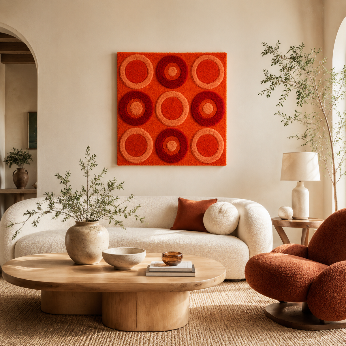 Scarlet Orbit Grid wall art by Hewn Earth featuring a vibrant red geometric design on a white background.