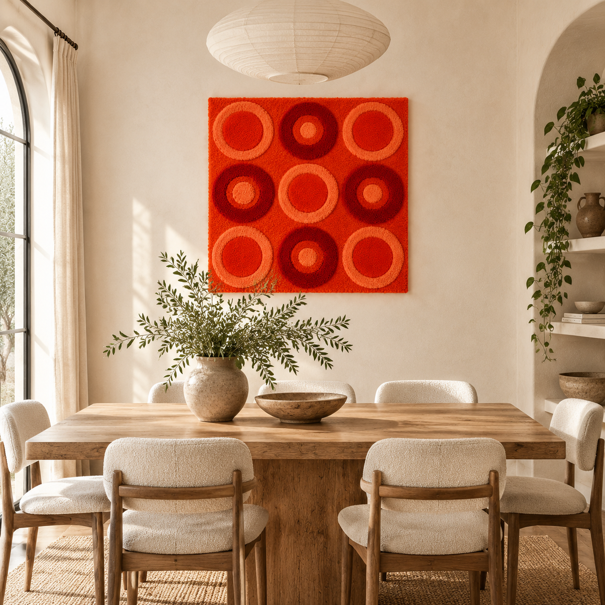 Hewn Earth Scarlet Orbit Grid wall art with vibrant red geometric pattern on a neutral background.