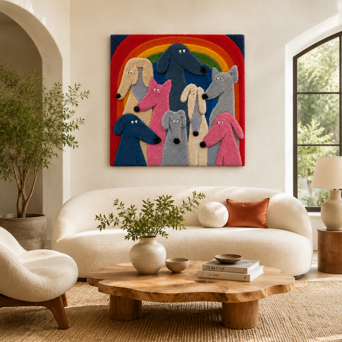 Colorful Rainbow Gathering wall art by Hewn Earth featuring vibrant, abstract rainbow designs on a textured canvas.