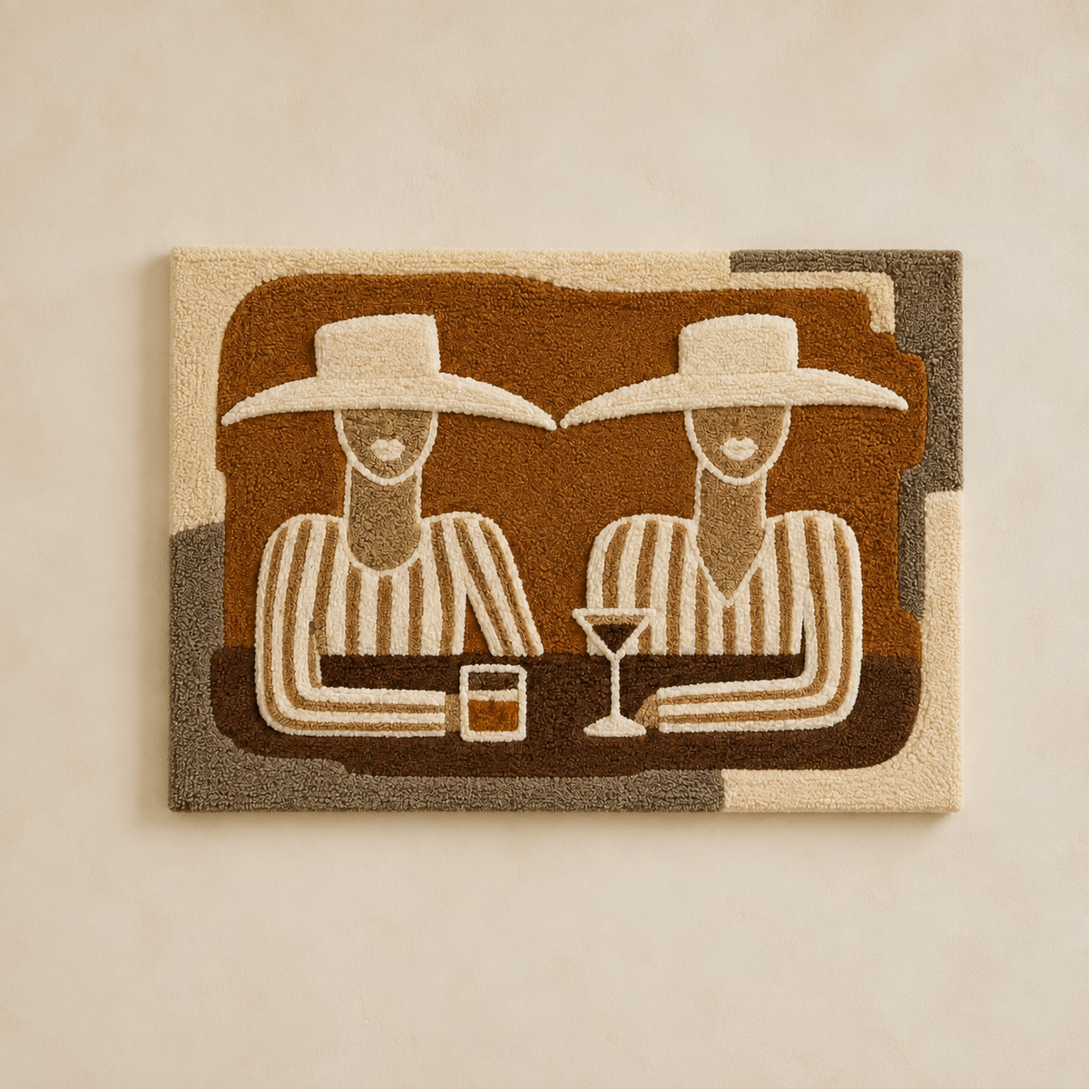Hewn Earth Two at the Bar wall art featuring minimalist black and white illustration on textured background.