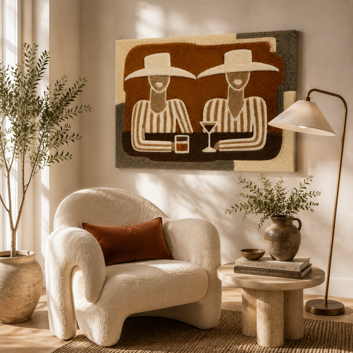 Two at the Bar wall art by Hewn Earth featuring a stylish, minimalistic illustration of two people sitting at a bar.