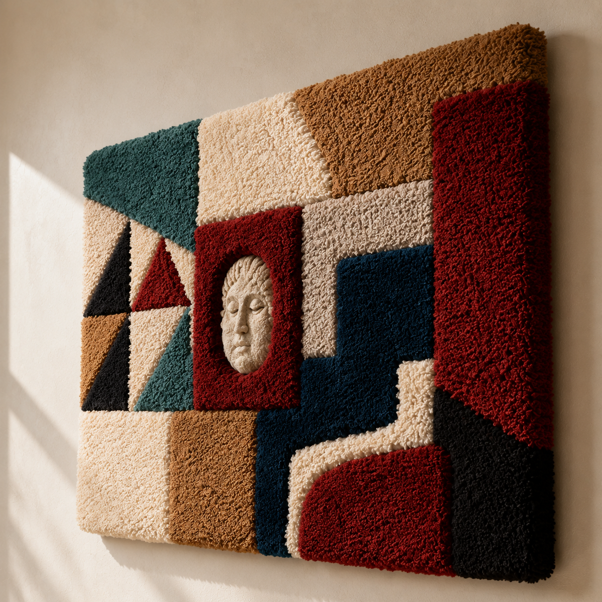 Close-up of Midnight Bauhaus Assembly wall art by Hewn Earth featuring geometric black and white abstract patterns.