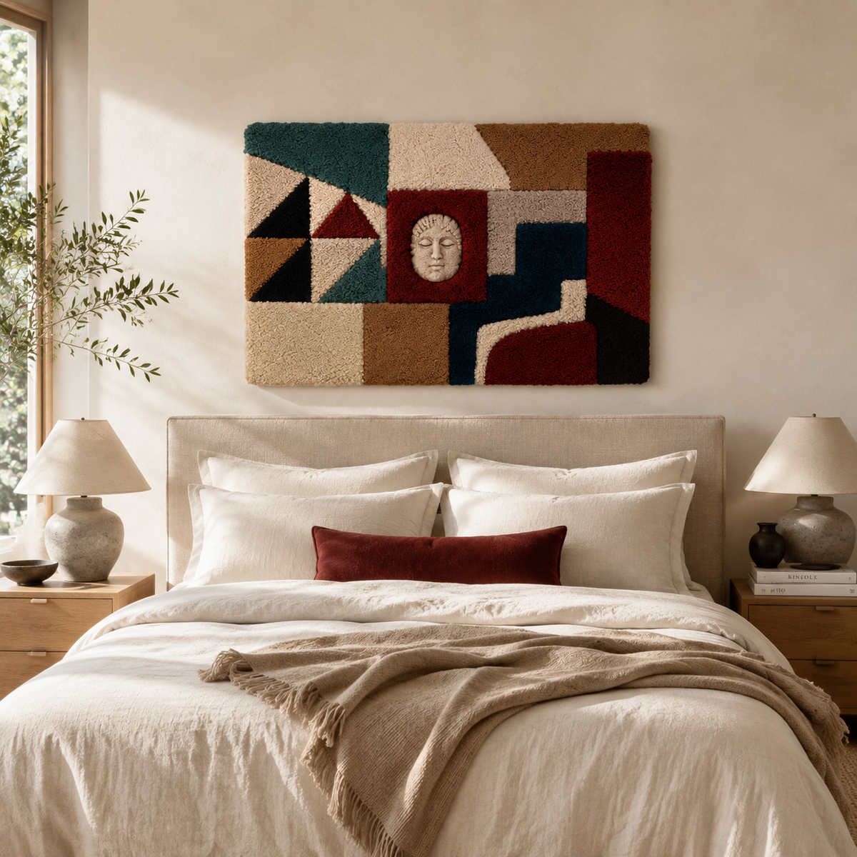 Midnight Bauhaus Assembly wall art by Hewn Earth featuring abstract geometric shapes in dark tones on a canvas.