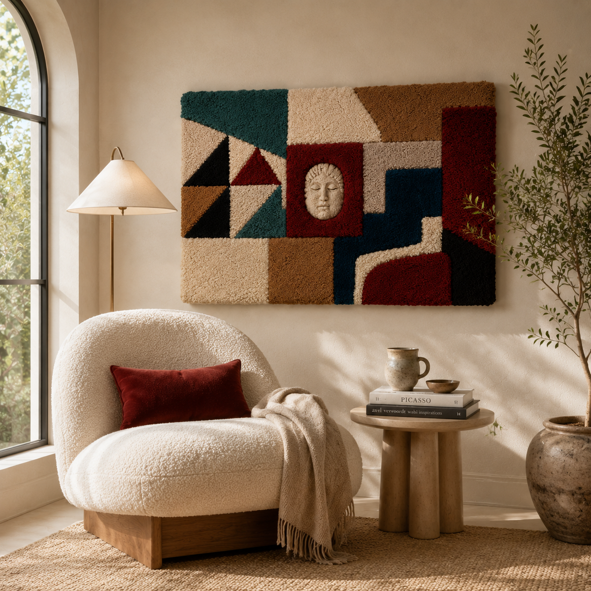 Hewn Earth Midnight Bauhaus Assembly wall art featuring geometric shapes and bold design, displayed on a neutral wall background.