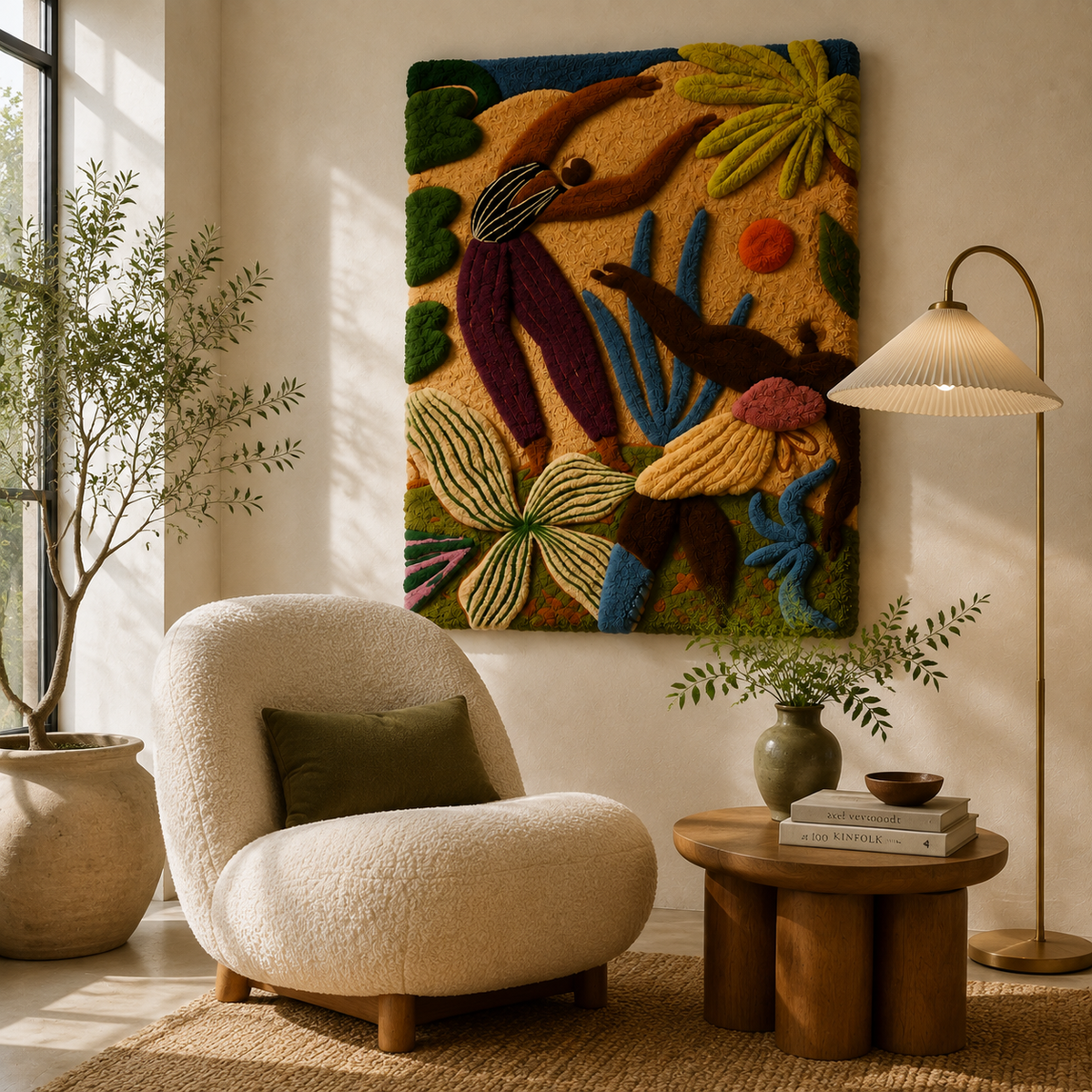Hewn Earth Wild Garden Canopy wall art featuring vibrant, detailed botanical illustrations on a natural background.