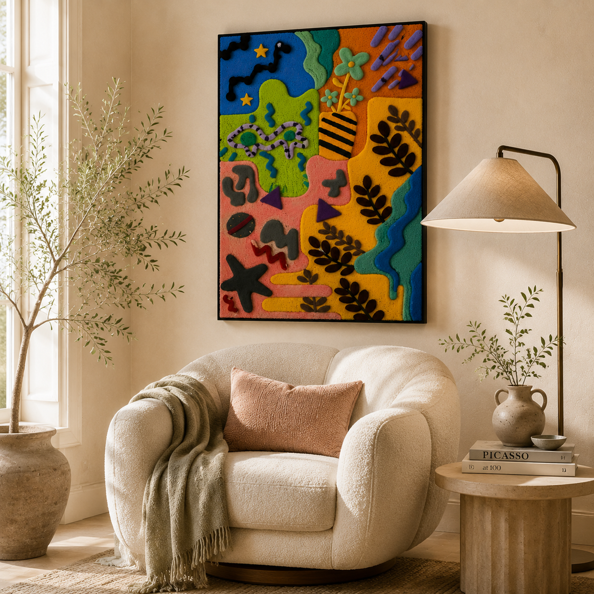 Hewn Earth Chromatic Nature Map wall art displayed on a room wall, featuring vibrant, colorful map design for home decor.