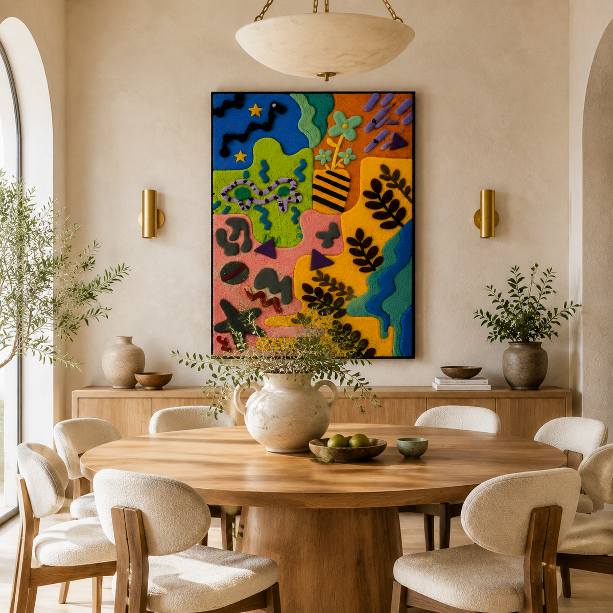 Chromatic Nature Map wall art by Hewn Earth showcasing vibrant, colorful natural landscape illustrations on a large canvas.
