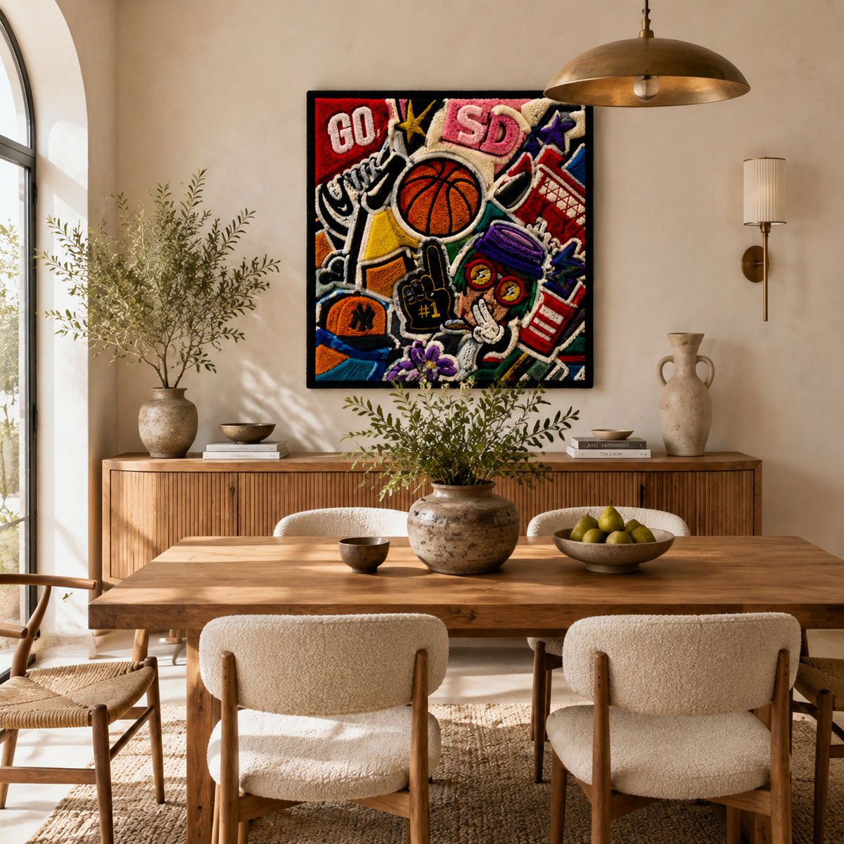 Hewn Earth Courtside Collage wall art featuring a vibrant, artistic collage design displayed in a modern room setting.