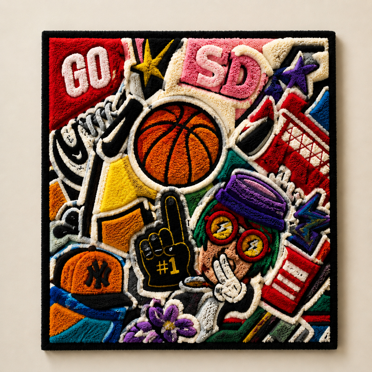 Colorful Courtside Collage wall art by Hewn Earth featuring vibrant sports-themed artwork for home decor.