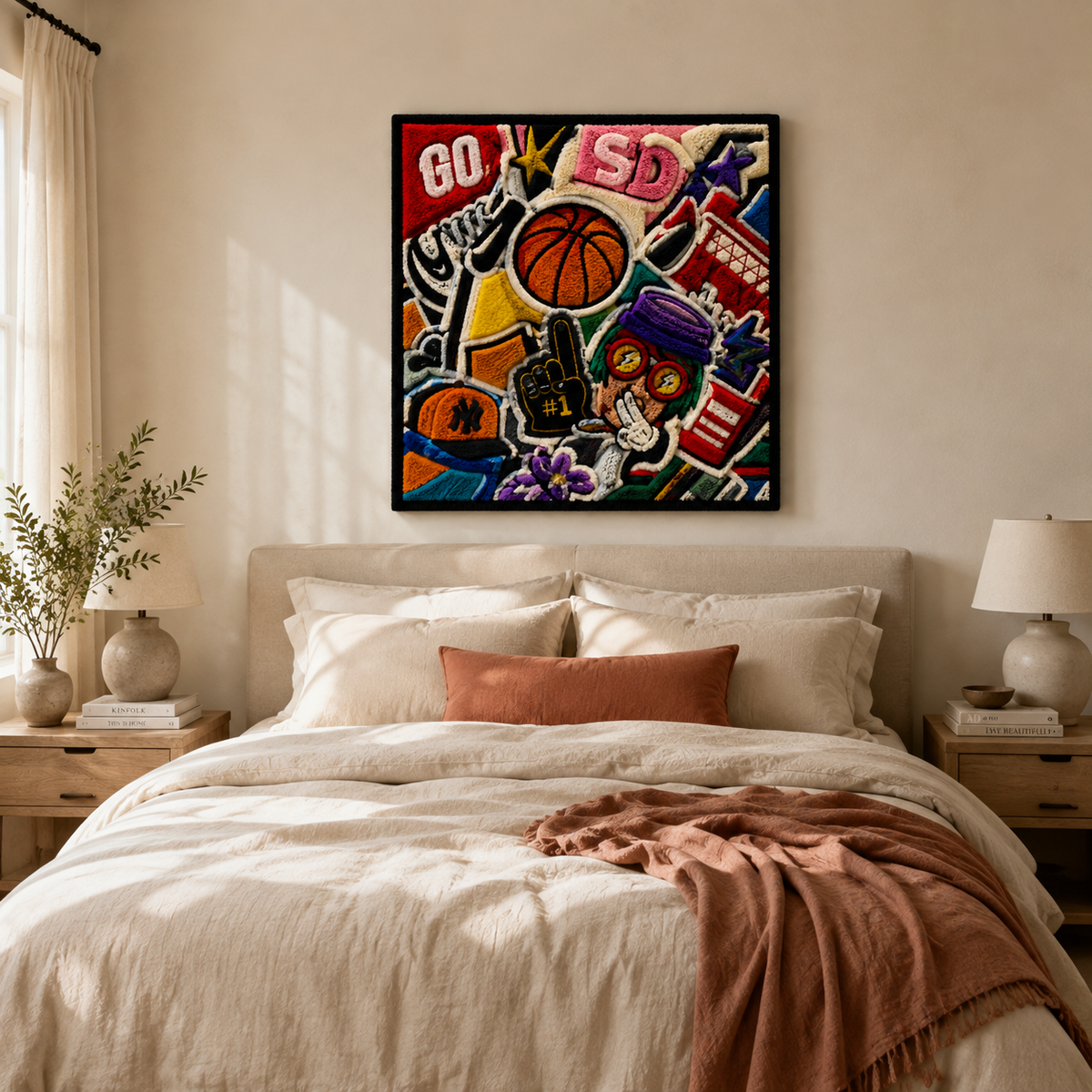 Colorful Courtside Collage wall art by Hewn Earth, featuring vibrant abstract designs on a canvas.