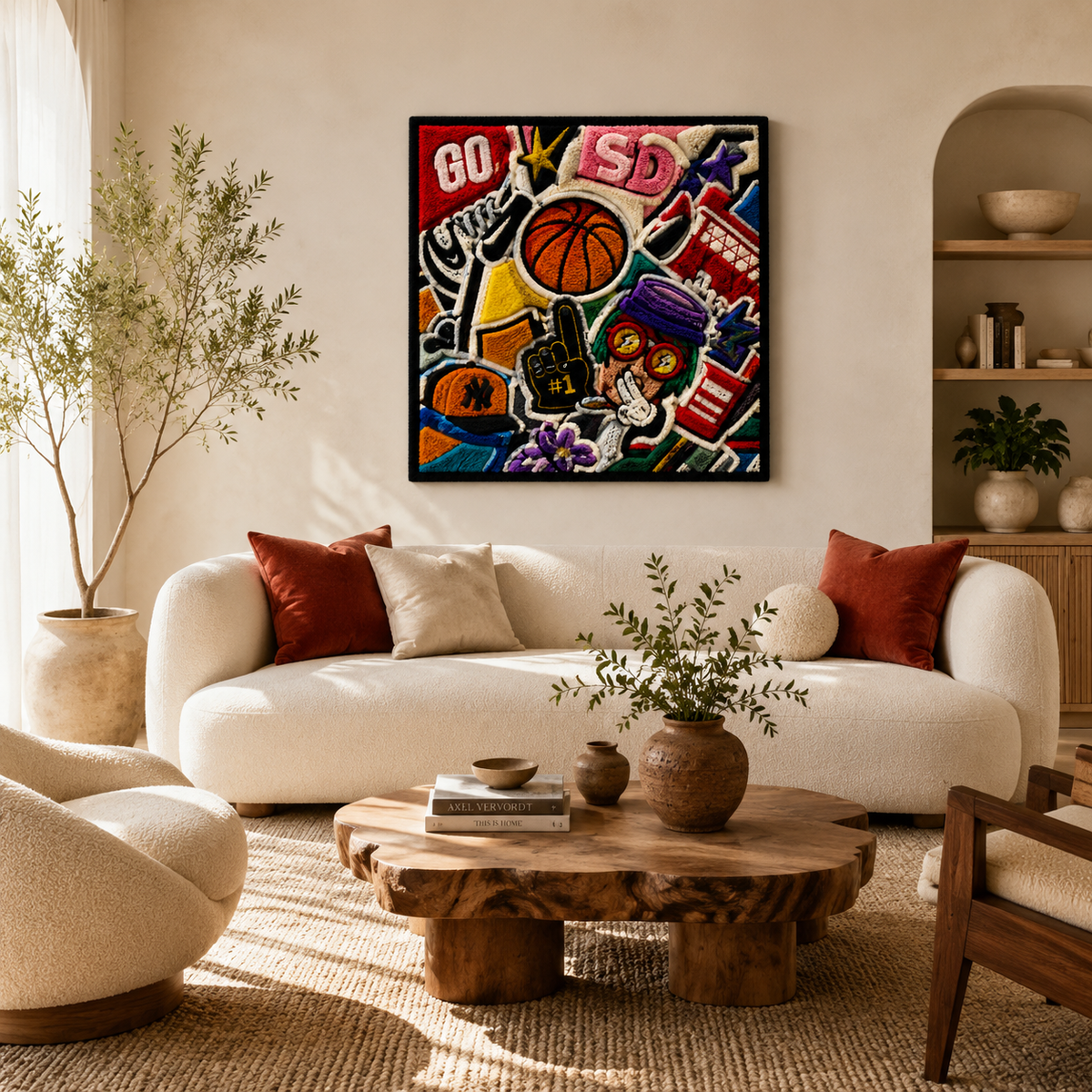 Hewn Earth Courtside Collage wall art featuring a vibrant sports-themed collage on a modern canvas.