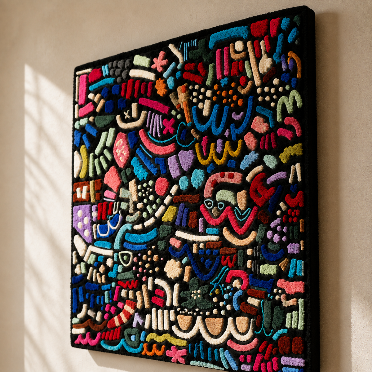 Close-up of Hewn Earth Confetti Language wall art featuring colorful paper confetti arranged artistically on a wall.