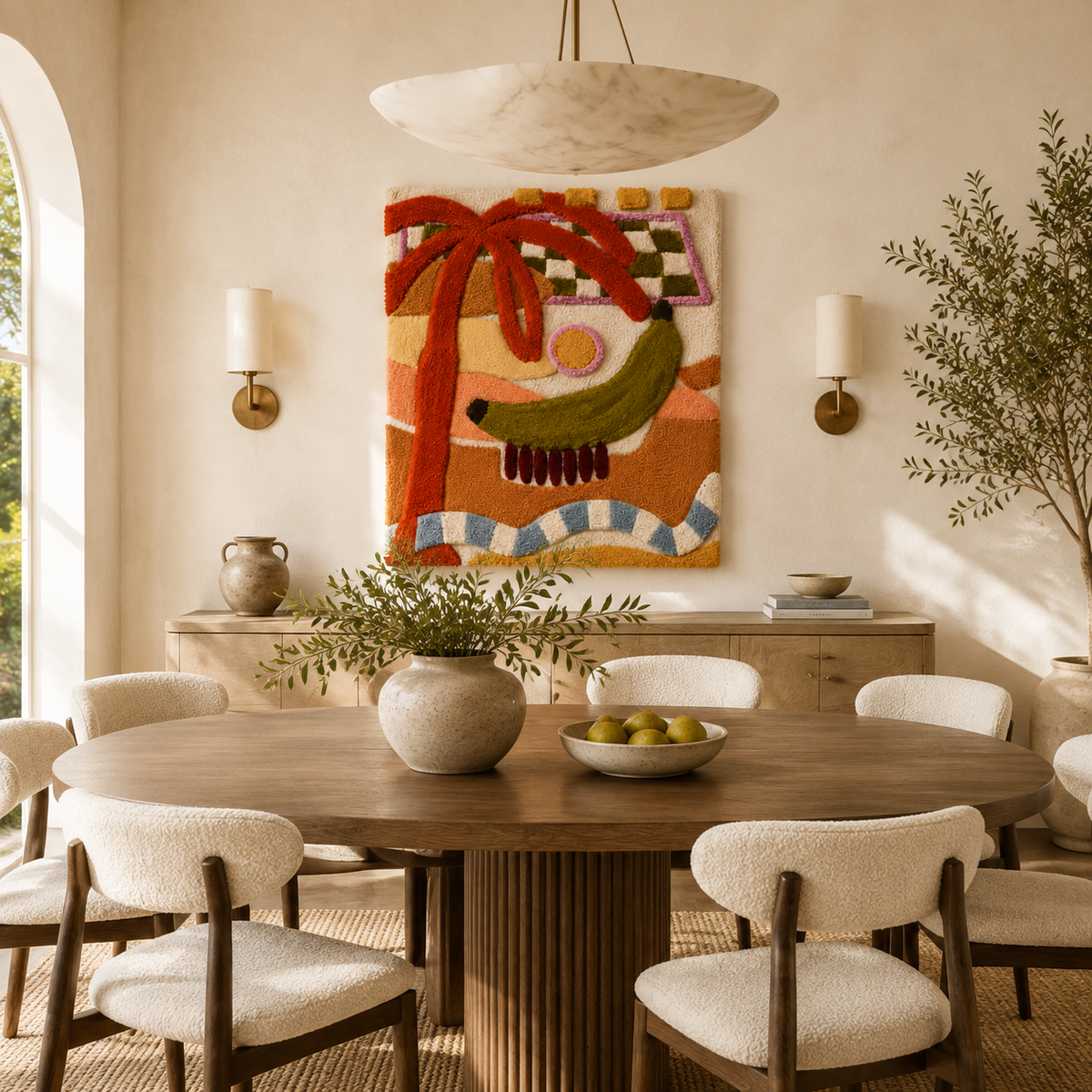 Hewn Earth Palm Totem wall art featuring a detailed, natural wood design with textured palm leaf motifs on a neutral background.