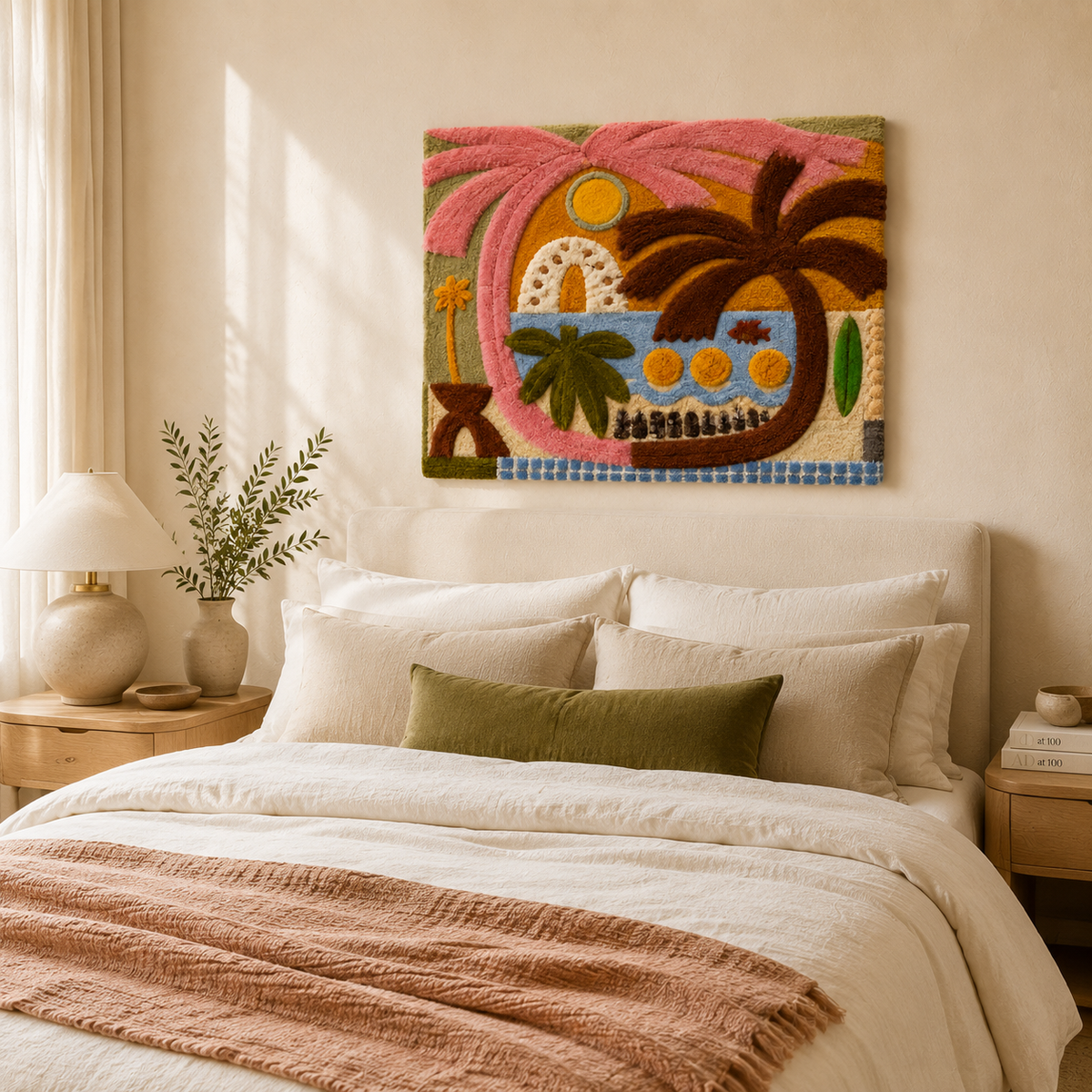 Hewn Earth Sunlit Oasis wall art featuring a vibrant, sunlit landscape scene on a framed canvas.