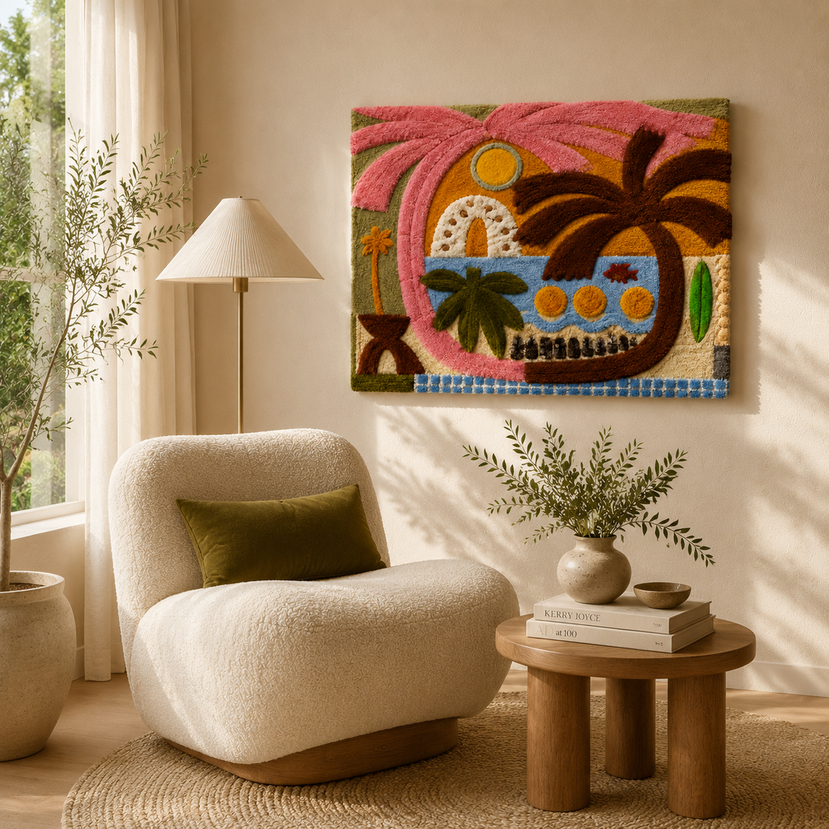 Hewn Earth Sunlit Oasis wall art featuring a vibrant, nature-inspired landscape with lush greenery and warm sunlight.