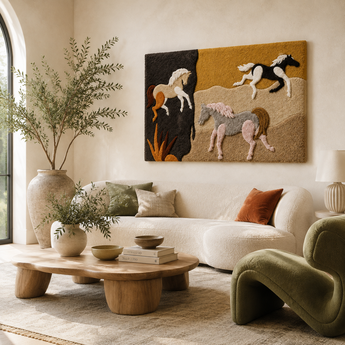 Hewn Earth Meadow Procession wall art featuring a serene outdoor scene with lush greenery and a peaceful pathway.