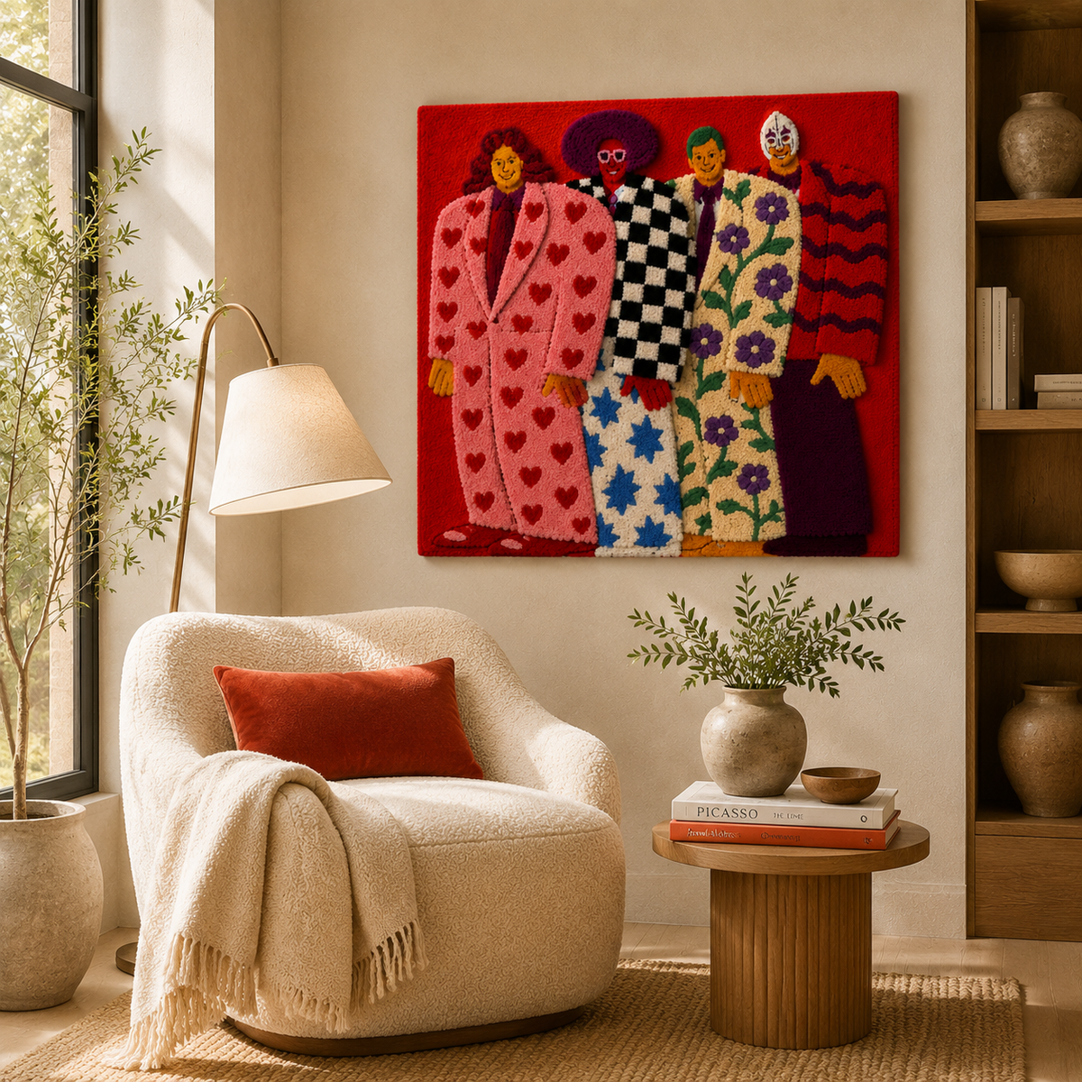 Patterned Kin wall art by Hewn Earth, featuring abstract geometric designs displayed on a modern wall.