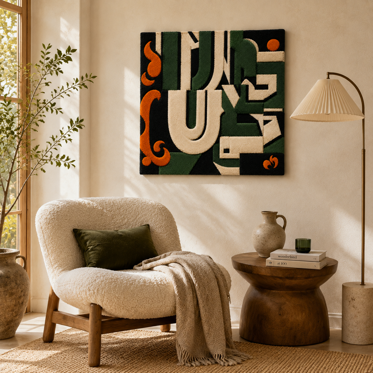 Hewn Earth Forest Letterforms wall art featuring natural wooden letters arranged on a white wall.
