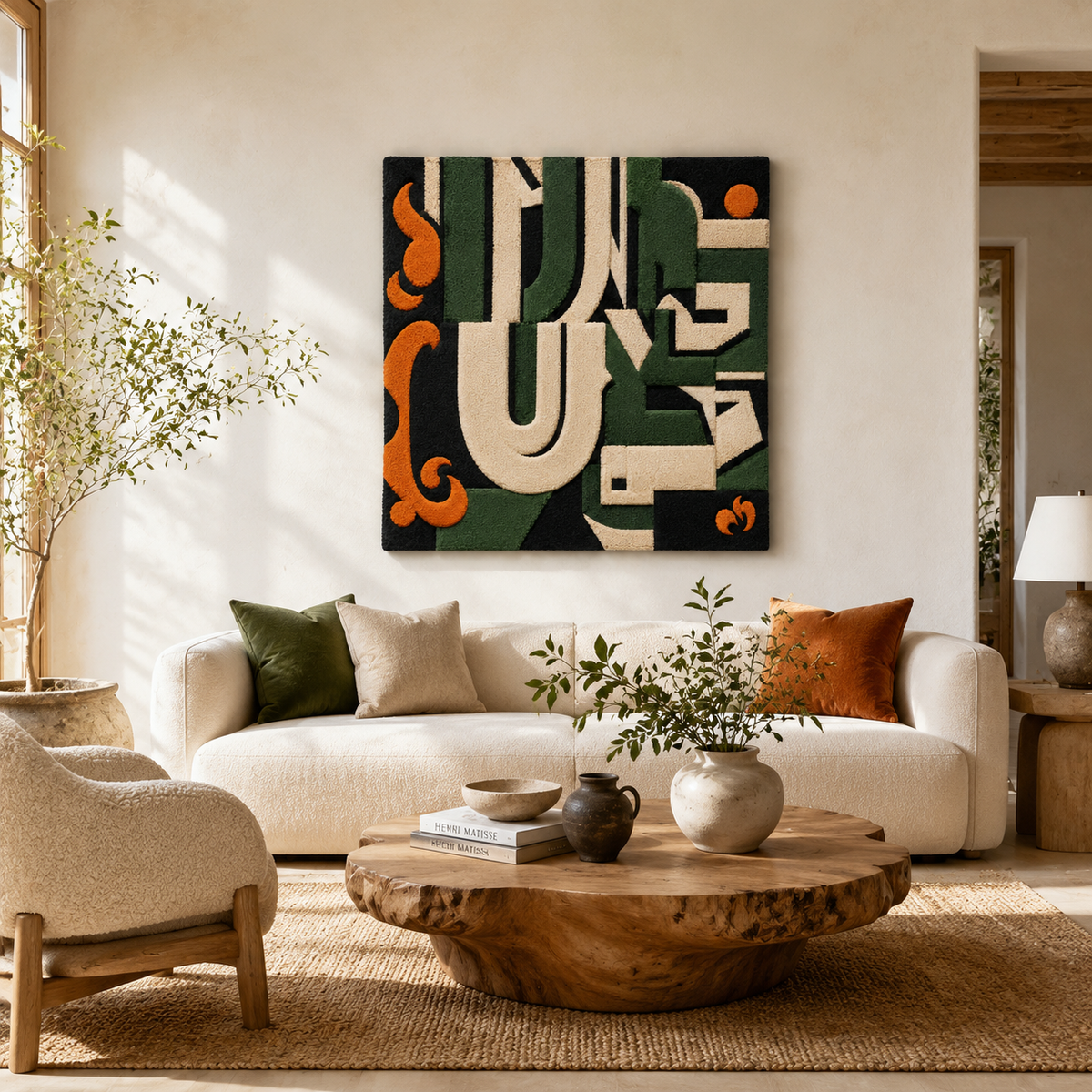 Hewn Earth Forest Letterforms wall art featuring natural wood letter shapes arranged decoratively on a white background.