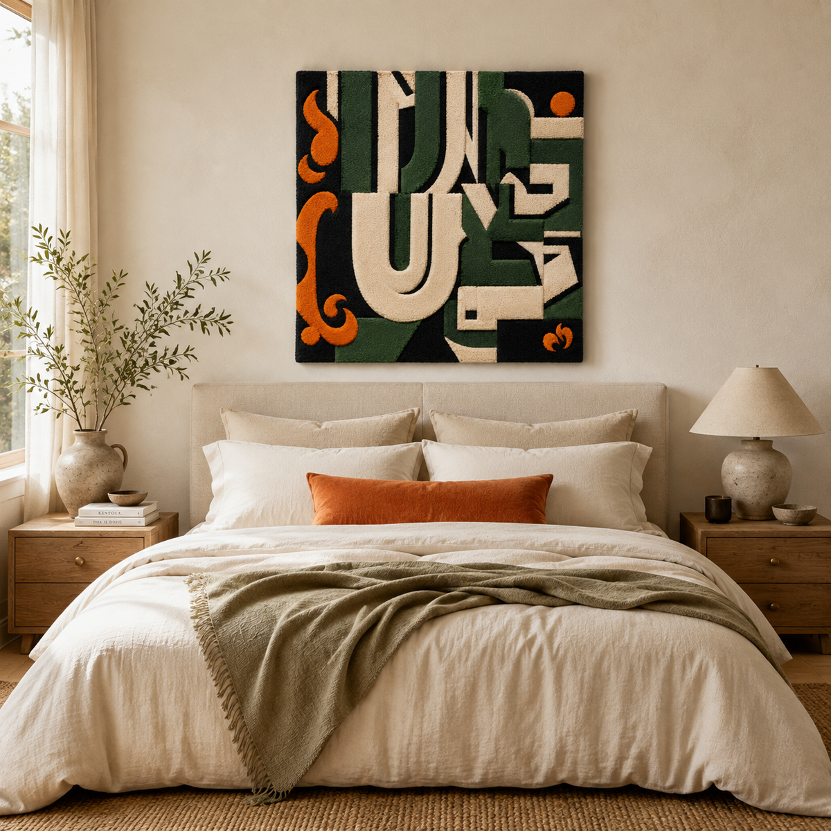 Hewn Earth Forest Letterforms wall art featuring natural wood letter shapes arranged decoratively on a neutral background.