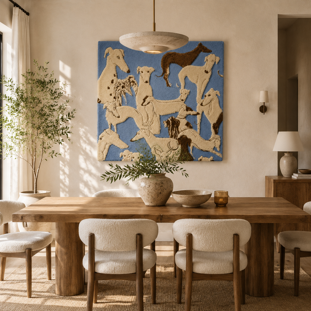 Hewn Earth blue dog wall art sculpture, modern metal wall decor featuring a stylized blue dog design for interior decoration.