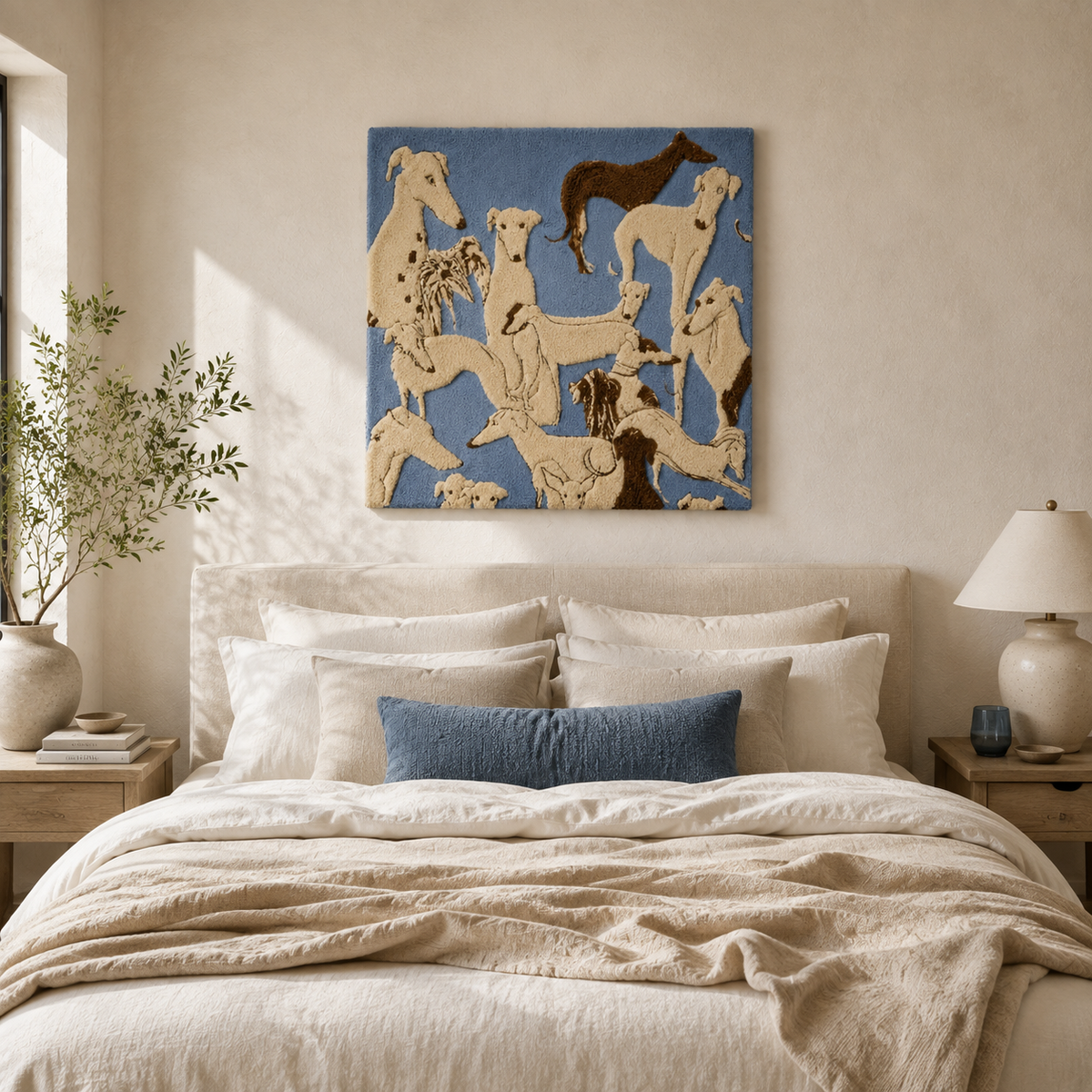 Blue dog wall art by Hewn Earth featuring a modern, abstract blue dog illustration on a neutral background.