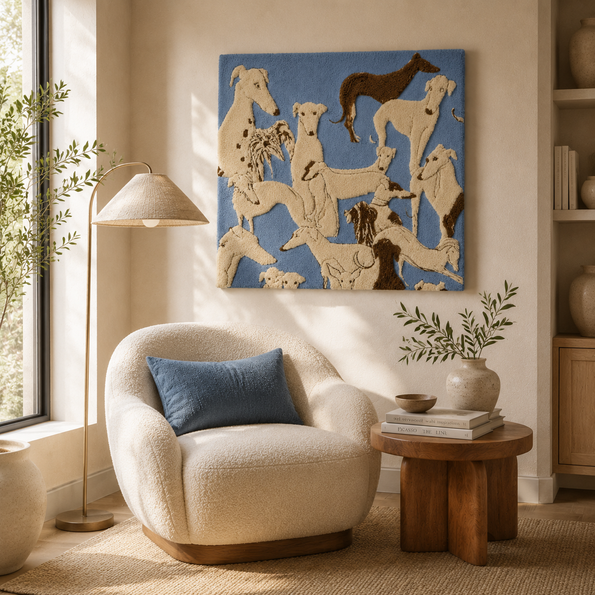 Blue dog wall art by Hewn Earth, featuring a stylized blue dog illustration suitable for home decor.