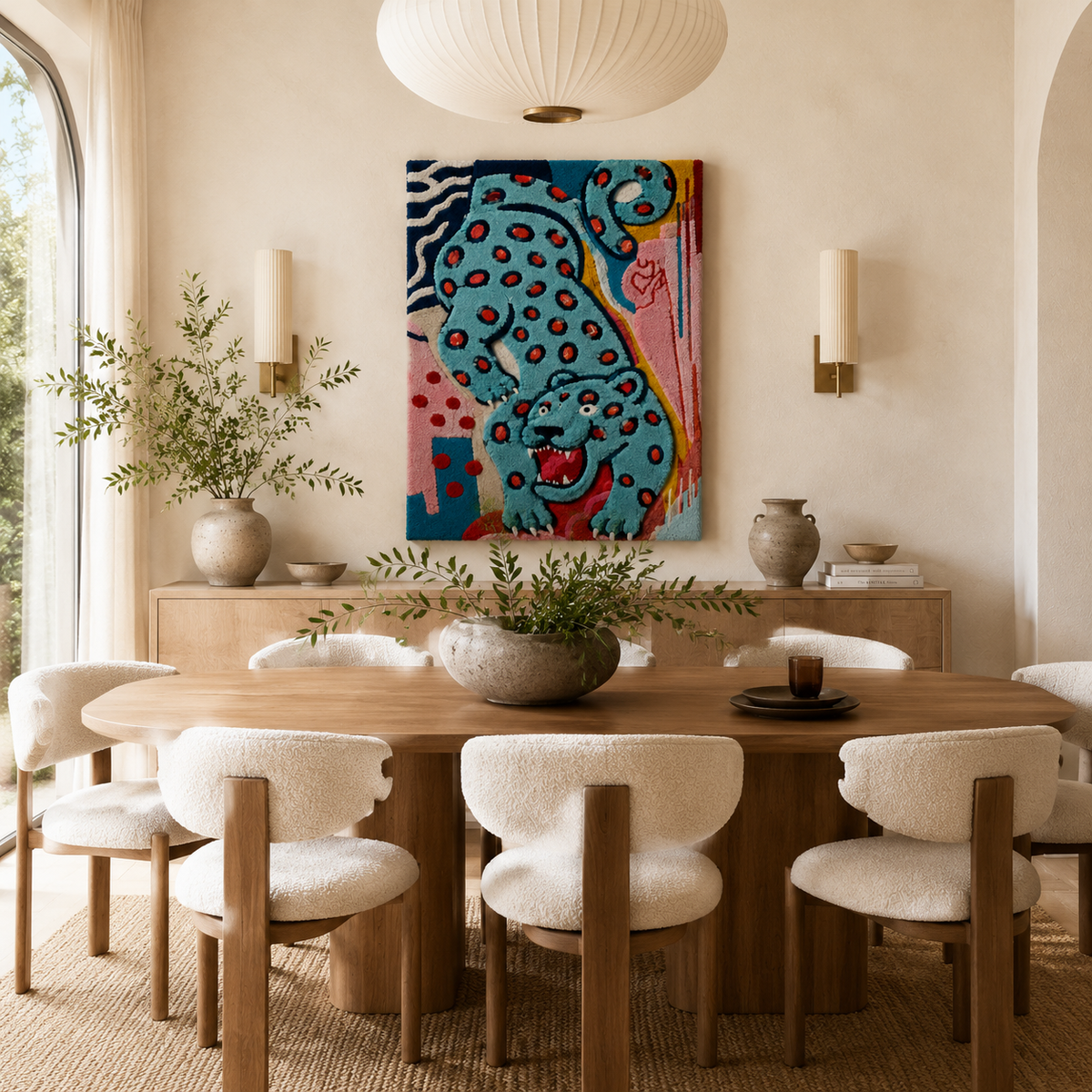 Turquoise Prowler wall art by Hewn Earth featuring a vibrant, abstract design displayed on a neutral-colored wall.