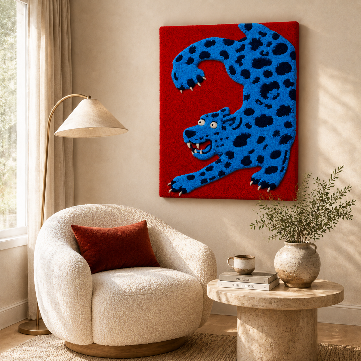 Hewn Earth Electric Leopard wall art featuring a vibrant, stylized leopard design on a wall.