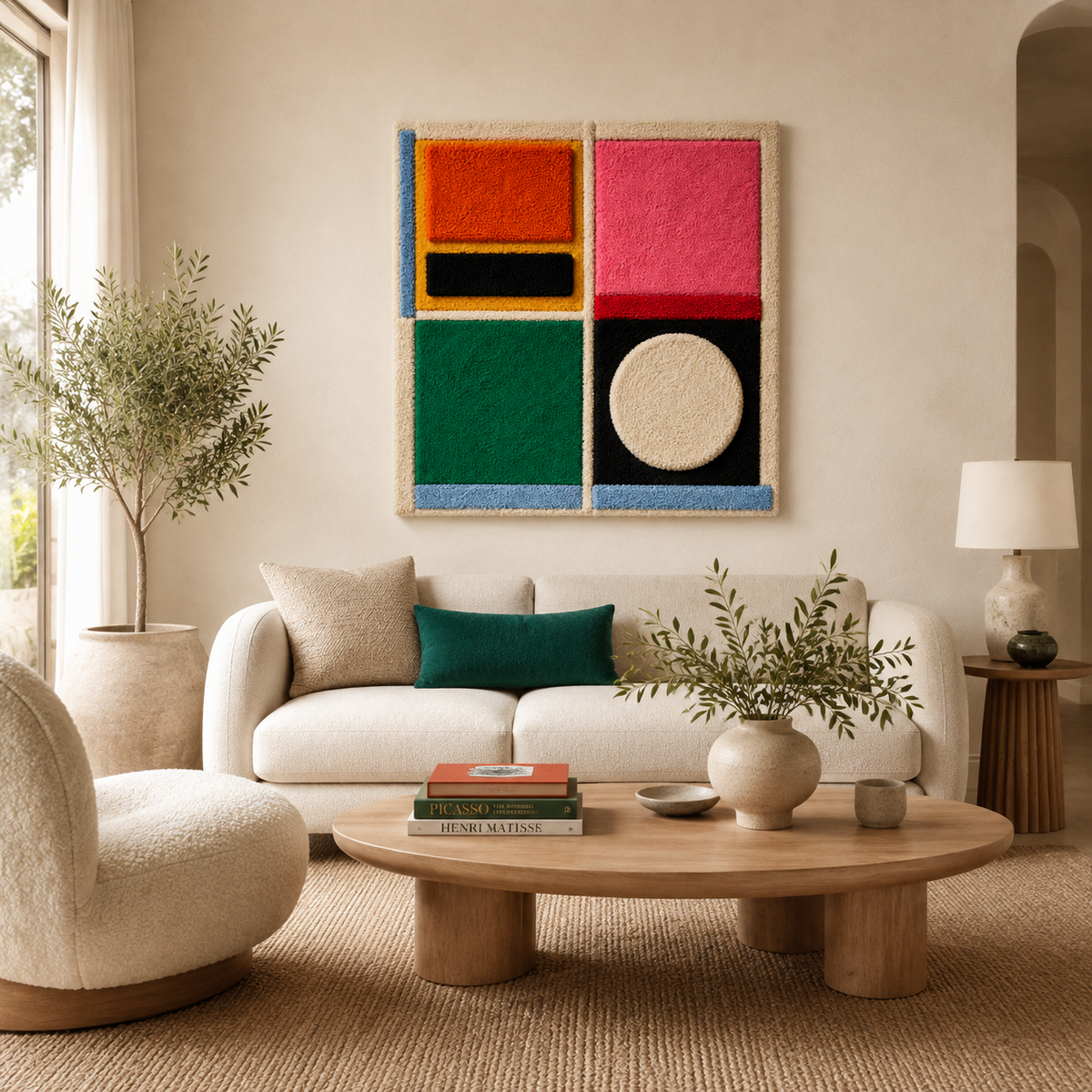 Abstract primary geometry wall art by Hewn Earth featuring bold shapes and earthy tones on a neutral background.