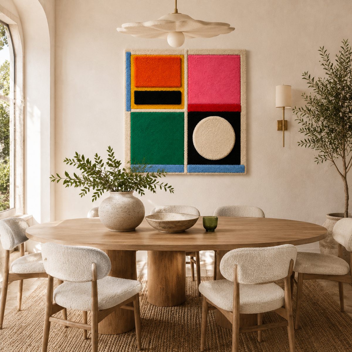 Hewn Earth Primary Geometry wall art featuring colorful geometric shapes on a neutral background for modern home decor.