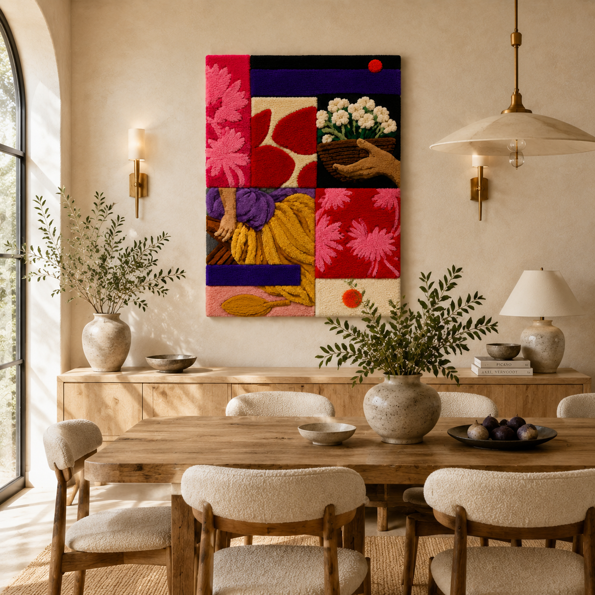 Hewn Earth Garden Patchwork wall art featuring colorful fabric patch designs displayed on a wall in a cozy room setting.