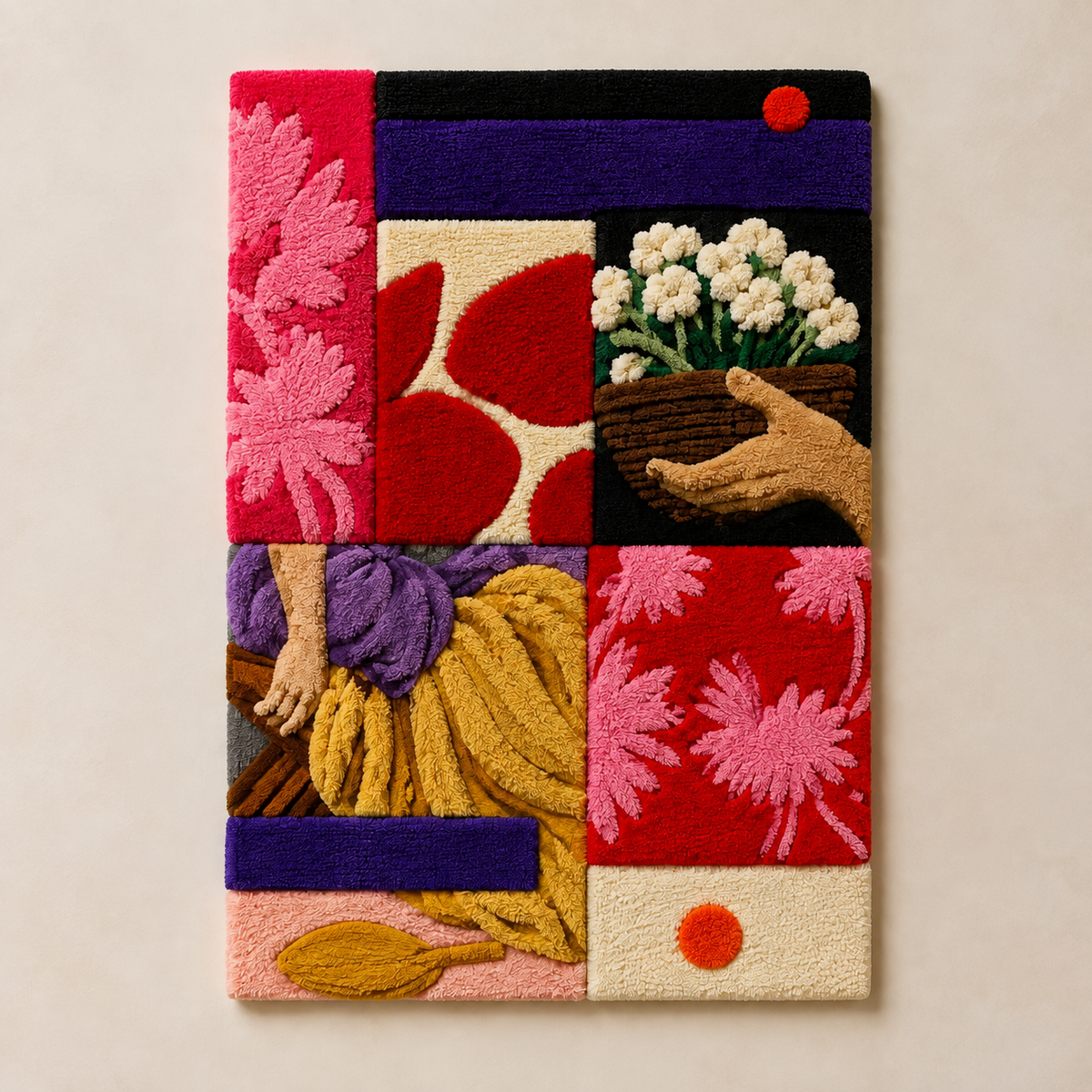 Hewn Earth Garden Patchwork wall art featuring colorful, textured fabric patches arranged in a vibrant garden design.