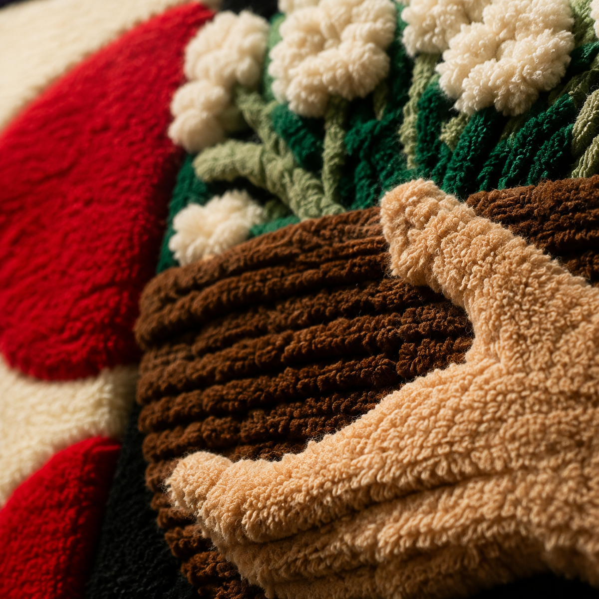 Close-up of Hewn Earth Garden Patchwork wall art showcasing colorful fabric pieces and intricate stitching details.